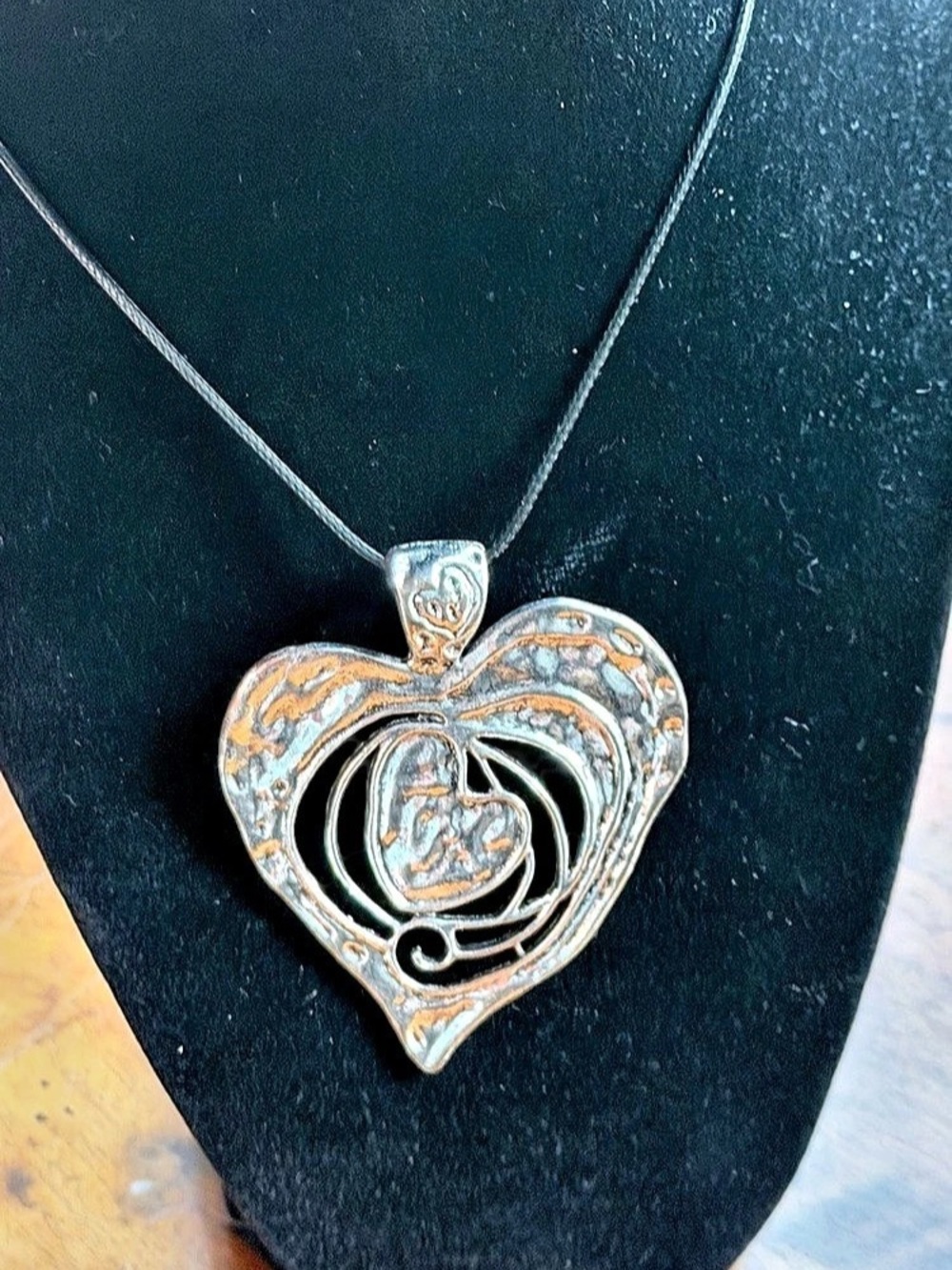 Statement Hammered Silver Heart Pendant Necklace Abstract Boho Wide
